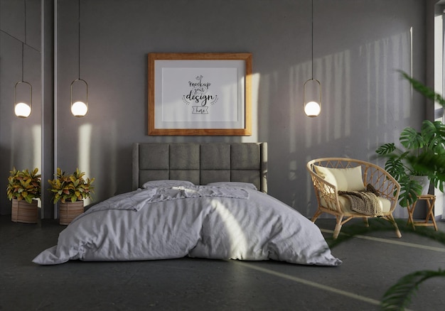 Cornice per poster Mockup interni in una camera da letto