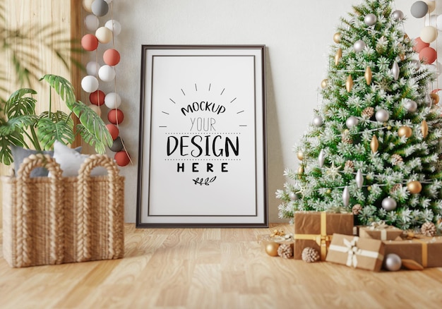 Cornice per poster nella stanza delle decorazioni natalizie Psd Mockup