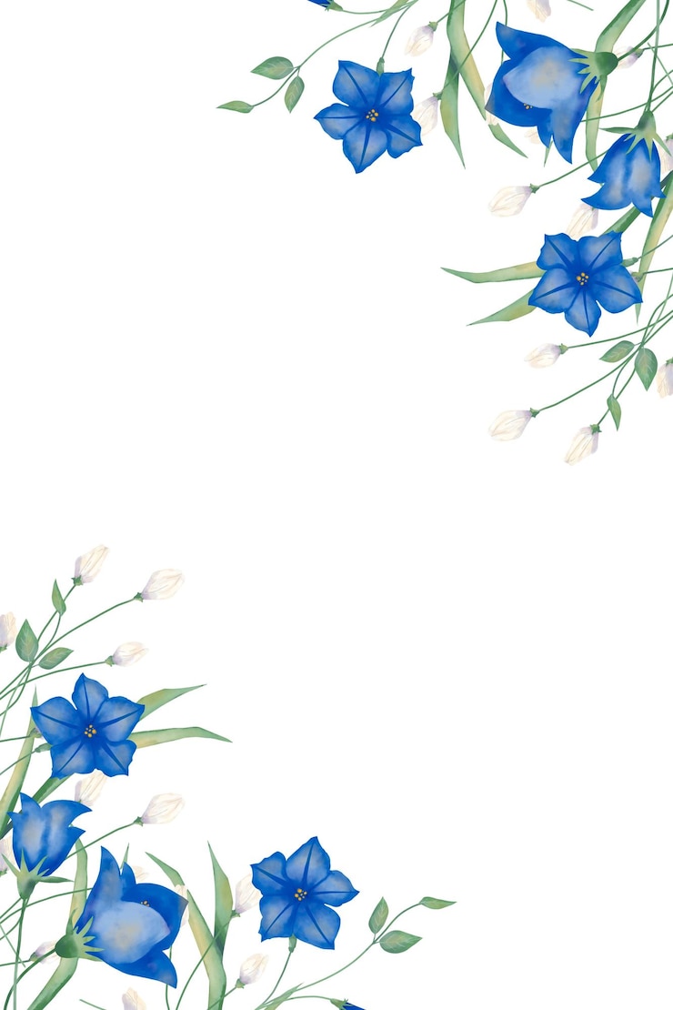 PSD cornice verticale con fiori blu e bianchi con gambi e foglie verdi illustrazione ad acquerello