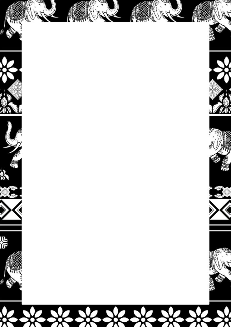 PSD cornice verticale in stile line art thailandese che raffigura elefanti e fiori
