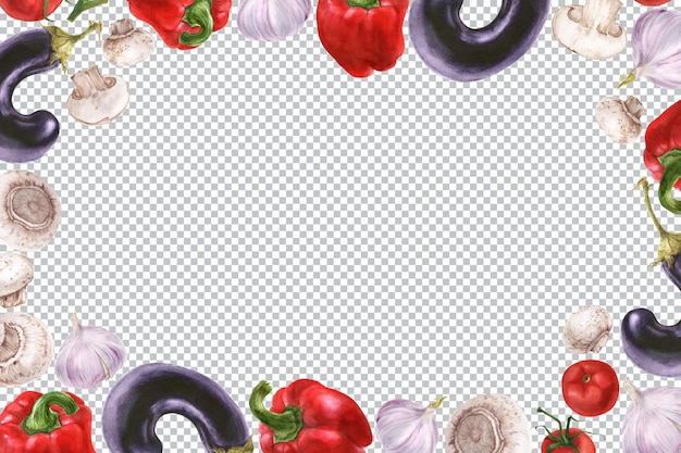 Cornice viola rettangolare vegetariana con verdure fresche. Melanzane e pepe e aglio e funghi e pomodoro. Illustrazione botanica verde dell'acquerello.