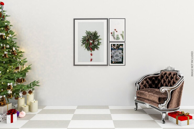 Cornici mockup design sulla parete con albero di natale in rendering 3d