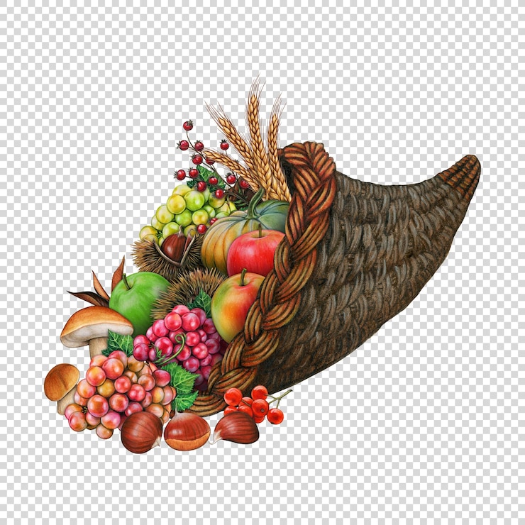 PSD cornucopia autunnale ad acquerello piena di zucche
