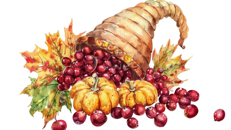 PSD cornucopia autunnale con zucche mirtilli e foglie autunnali autunno aig56