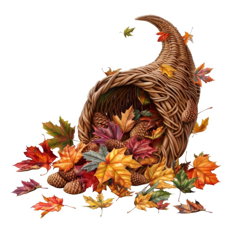 PSD cornucopia autunnale traboccante di foglie cadute e conie di pino
