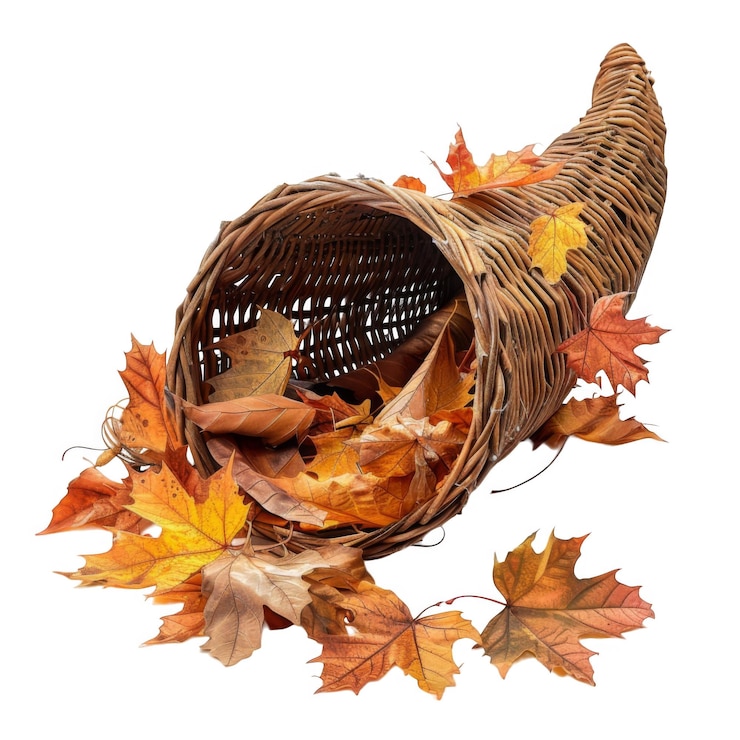 PSD cornucopia di vimini traboccante di foglie d'autunno