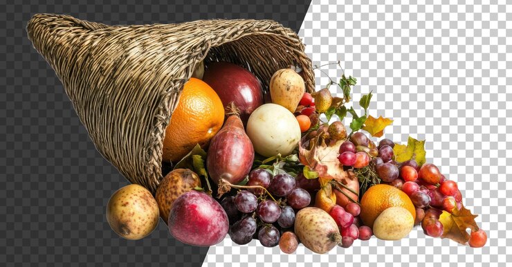 PSD cornucopia rempli de fruits et légumes variés découpés stock png