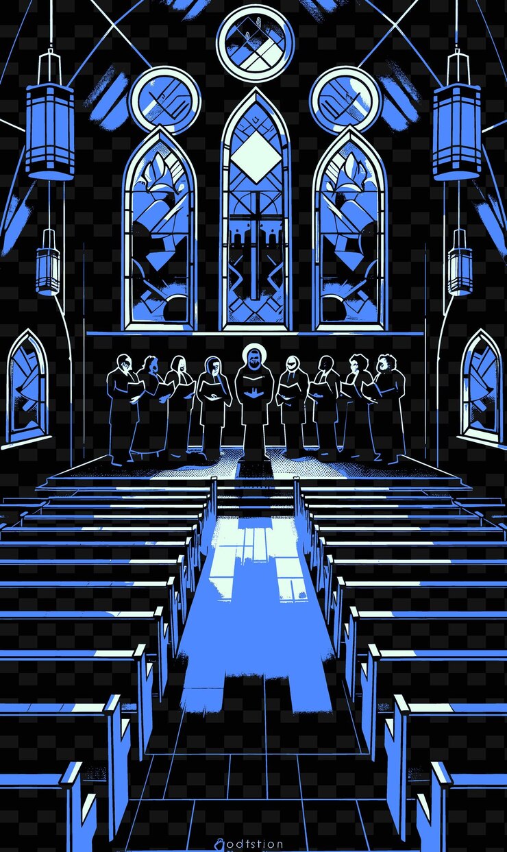PSD coro del evangelio cantando en una iglesia con vidrieras ventanas ilustración vectorial idea de cartel de música