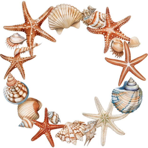 Coroa de conchas e estrelas-do-mar com folhas tropicais Obra de aquarela AIG56