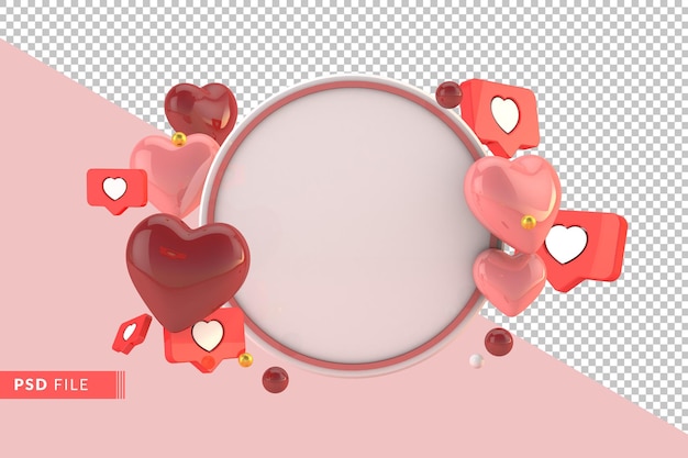 Coroa de flores redonda de dia dos namorados com decoração de amor em fundo rosa 3d render