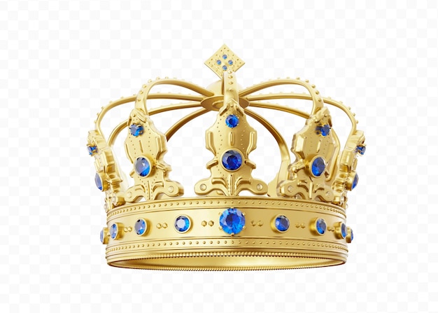 Coroa de ouro real 3d com diamantes azuis em fundo isolado Coroa de ouro rei texturizada