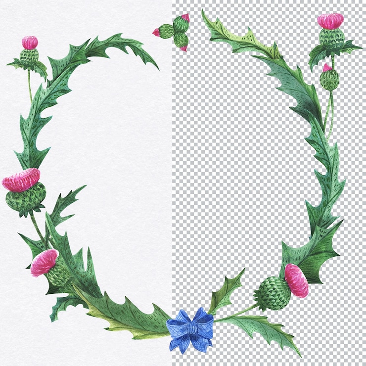 PSD coroa de plantas da escócia. flores e folhas do cardo. ilustração botânica em aquarela, moldura para saudações e convite