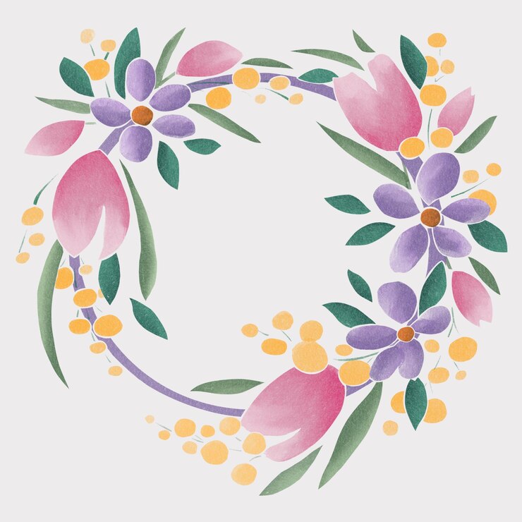PSD coroa floral estilo aquarela quadro cartão de férias primavera tulipas rosas mimosa fundo branco
