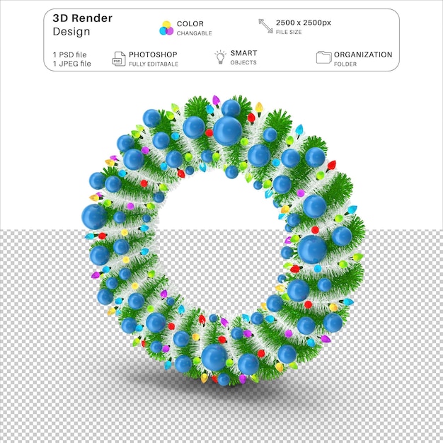Corona de adornos de Navidad con bolas azules y luces de color Archivo PSD de modelado en 3D