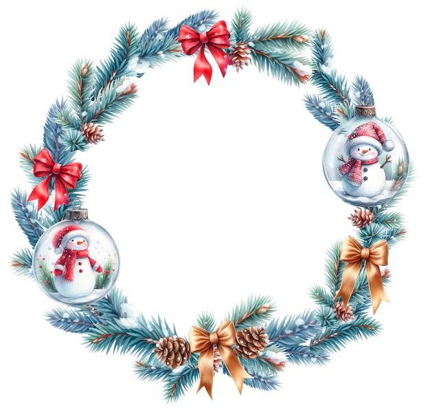 Corona decorativa de navidad ramas de abeto de abeto con conos ilustración en acuarela