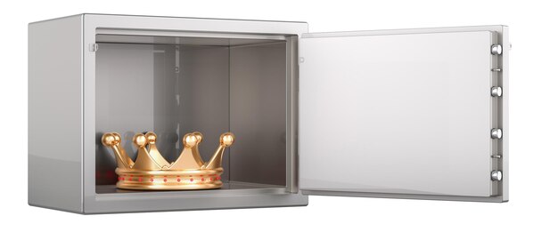 Corona dorata all'interno della cassaforte con chiusura a combinazione rendering 3D isolato su sfondo trasparente