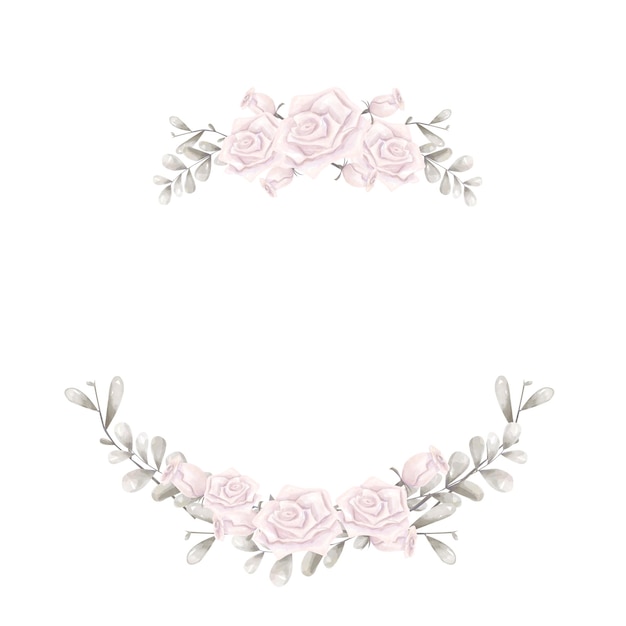 Corona floral de acuarela dividida en estilo antiguo con rosas rosas y follaje plateado Digital