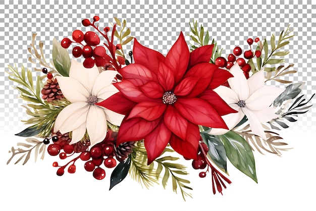 PSD corona floral navideña png con acuarela pintada a mano de la estrella de navidad y las ramas de pino