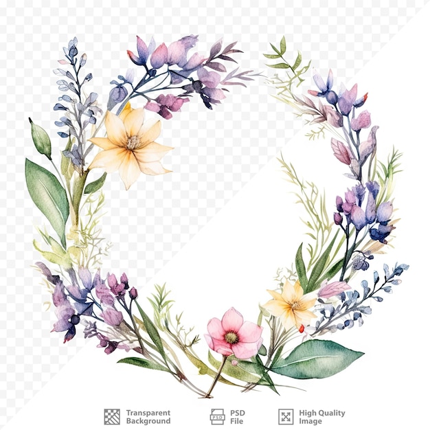 PSD corona floral de primavera con flores silvestres acuarelas aisladas sobre fondo transparente perfecto para marco o borde de envoltura de textura de fondo