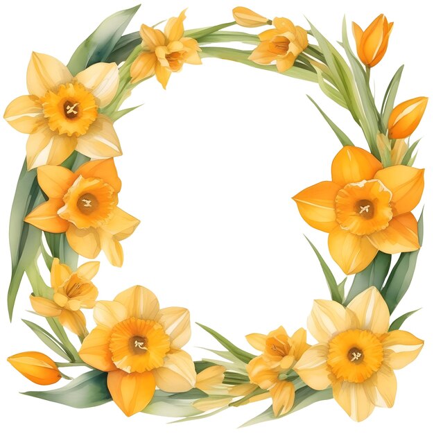 PSD corona de flores de acuarela con narcisos y hojas png clipart arte de ilustración gráfica dibujado a mano