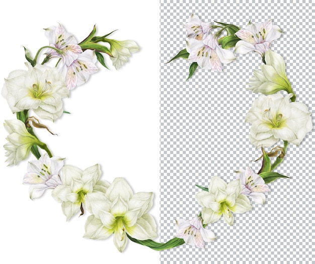 Corona en forma de corazón de lirios blancos. Composición romántica para bodas y San Valentín. Ilustración de acuarela, marco para felicitaciones e invitaciones.