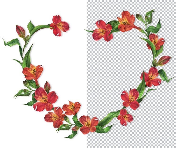 PSD corona en forma de corazón de lirios rojos. composición romántica para bodas y san valentín. ilustración de acuarela, marco para felicitaciones e invitaciones.