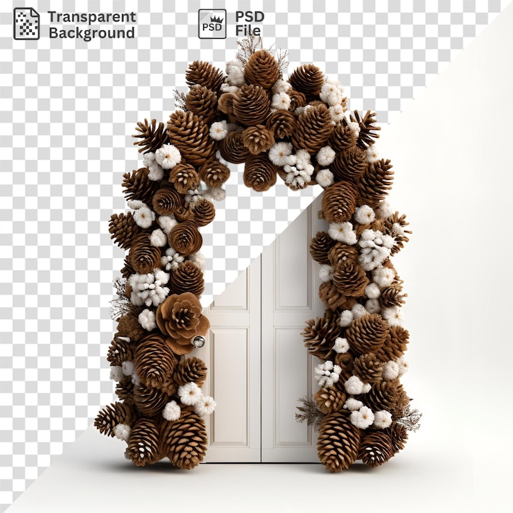 PSD corona de invierno con conos de pino en una puerta blanca