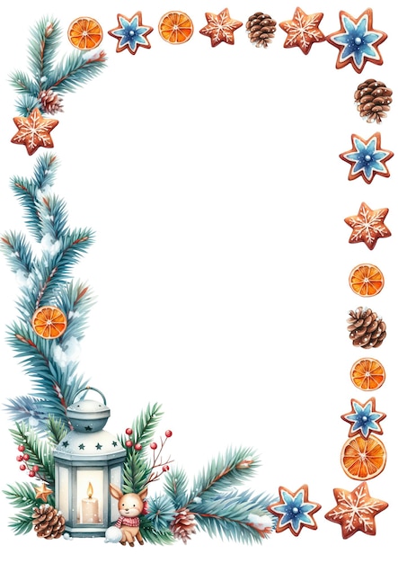 Corona de marco decorativo rectangular de navidad con lámpara de linterna ramas de abeto con conos y cooki