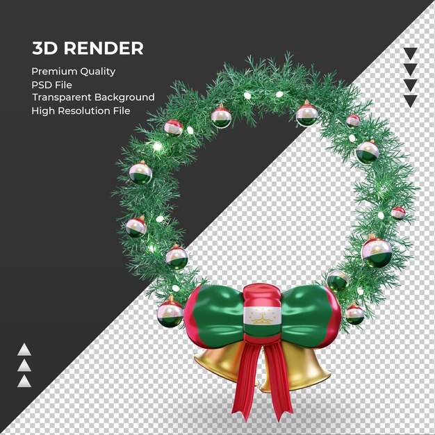 PSD corona de navidad 3d bandera de tayikistán renderizado vista frontal