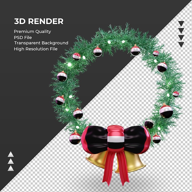 Corona de navidad en 3d, vista frontal de la representación de la bandera de yemen