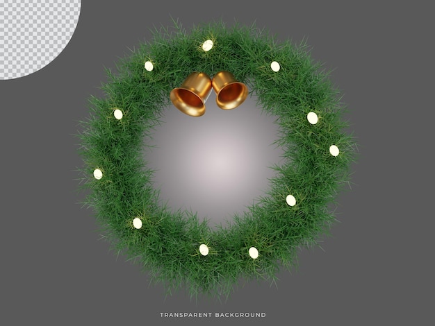 PSD corona de navidad renderizada en 3d con vista superior frontal de fondo transparente de campana