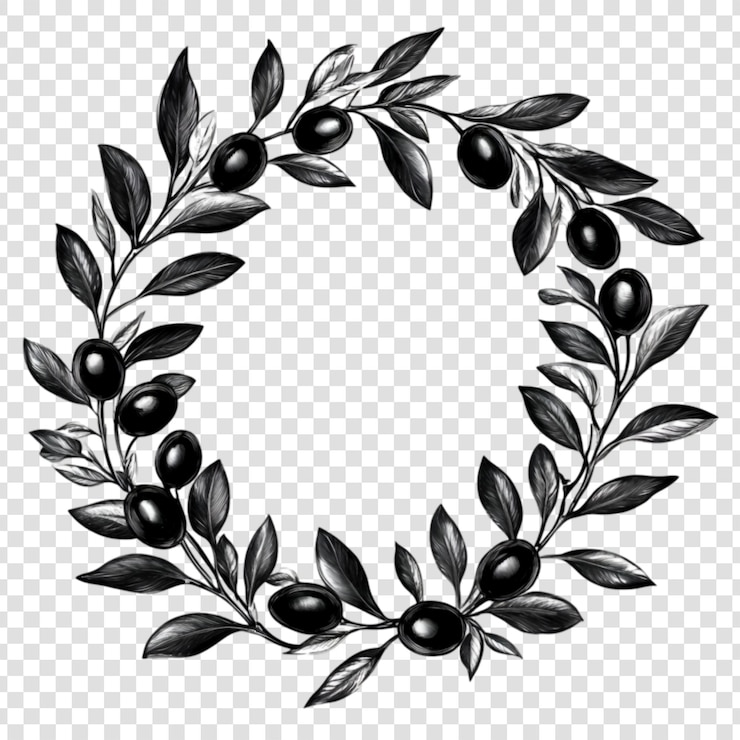PSD corona de rama de olivo ilustración botánica negra y blanca elemento de diseño de marco circular