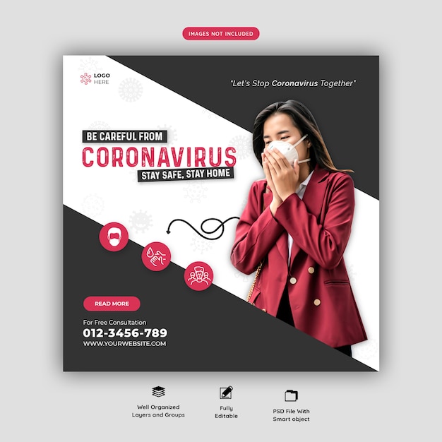 Coronavirus o plantilla de banner de redes sociales convid-19 premium psd