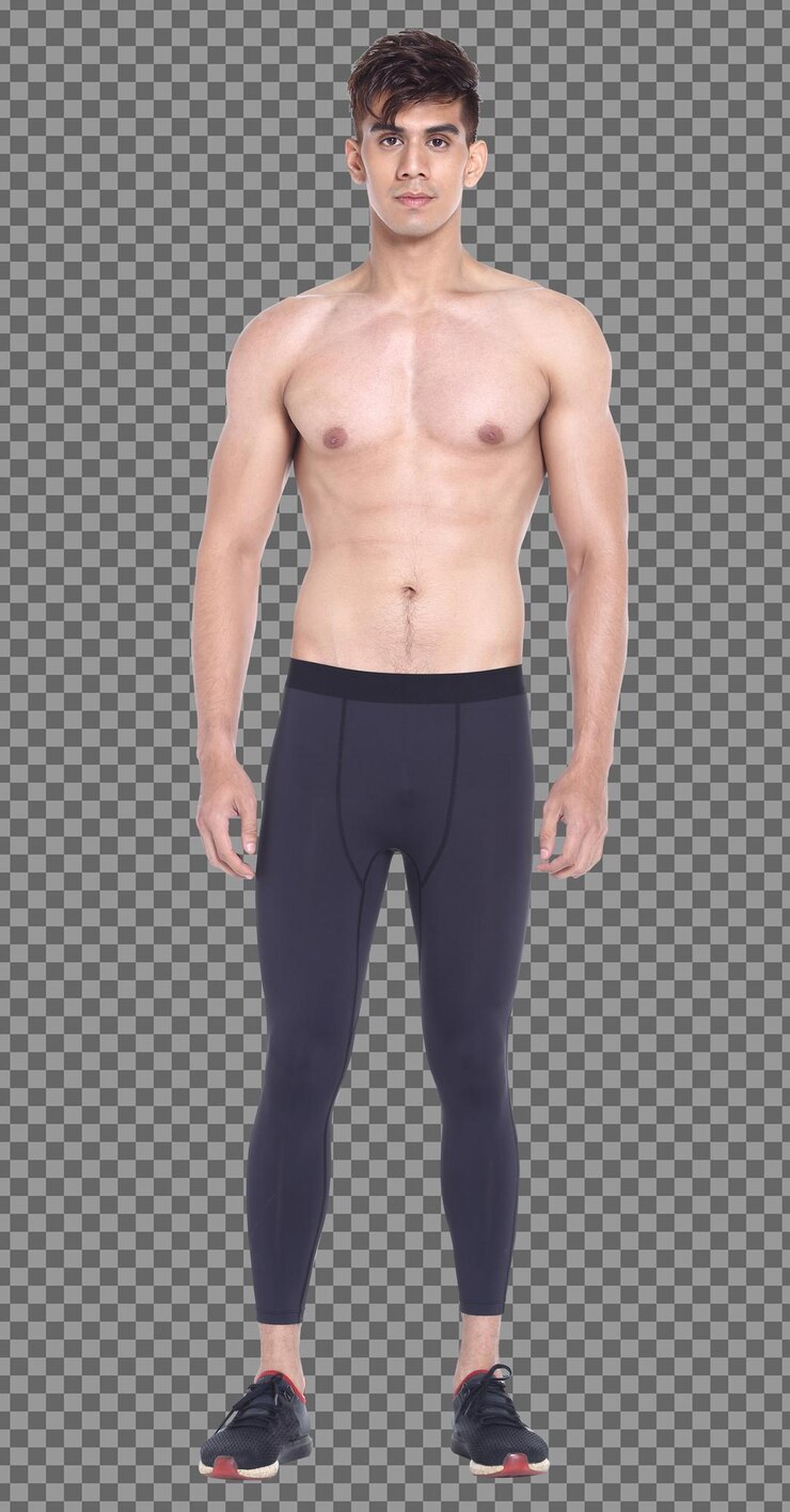PSD corpo inteiro 20 anos caucasiano homem cabelo preto usar calças esporte em topless e ficar, isolado. pele bronzeada musculoso masculino em pé sem camisa com musculatura atleta fitness, fundo branco