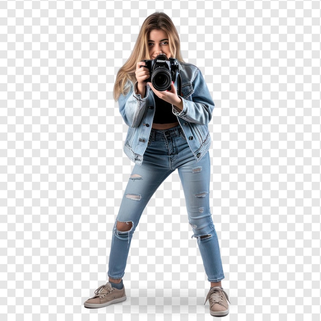 PSD corpo inteiro jovem mulher focando com câmera digital em fundo de transparência psd