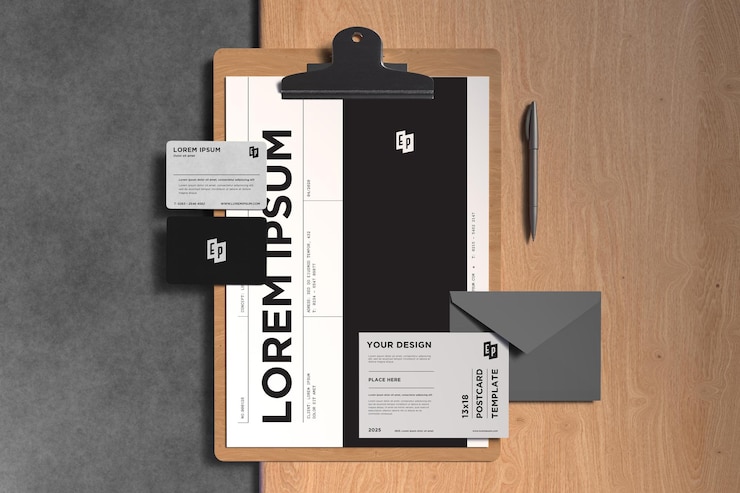 PSD corporate identity mockup with clipboard business cards envelope and pen