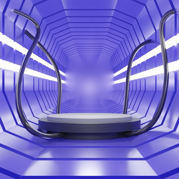 Corredor 3D render podio sobre fondo azul