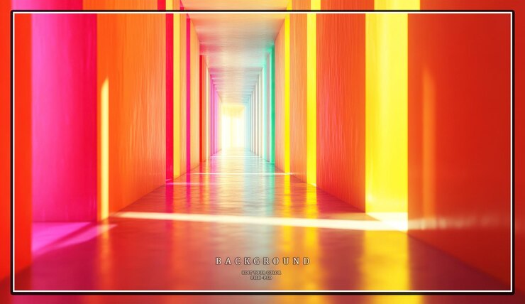 PSD corredor de colores brillantes con una luz brillante al final