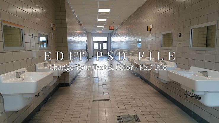 PSD corredor da escola com lavabos e chão de azulejos