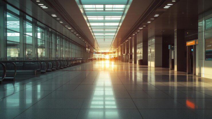 PSD corredor de aeroporto iluminado pelo sol com escadas rolantes e paredes de vidro