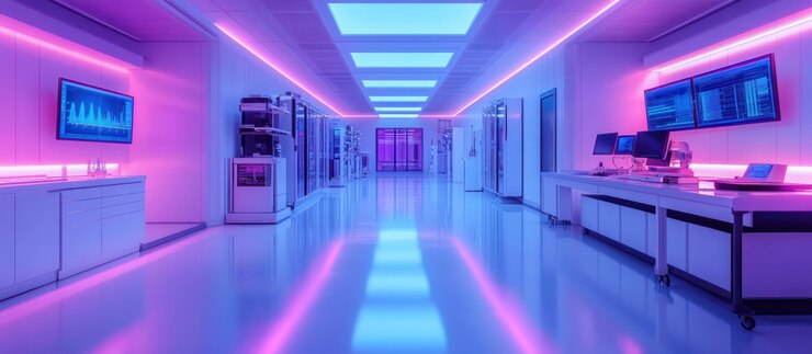 PSD corredor de laboratorio futurista con iluminación de neón vibrante equipo moderno y pantallas digitales