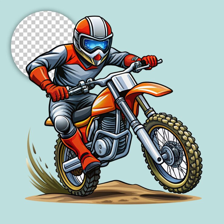 PSD corredor mientras salta una motocicleta sobre un fondo transparente