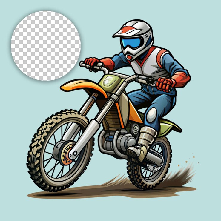 PSD corredor mientras salta una motocicleta sobre un fondo transparente