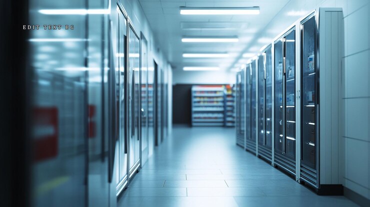 PSD corredor moderno con filas de refrigeradores y estantes de acero inoxidable