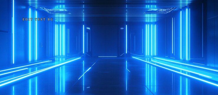 PSD corredor de neón azul futurista con suelo reflectante
