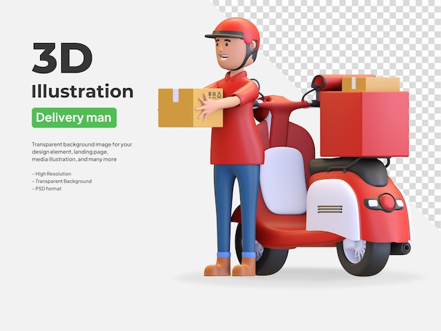 Correio de uniforme vermelho usando capacete e máscara com scooter entregando pacote ilustração 3D render