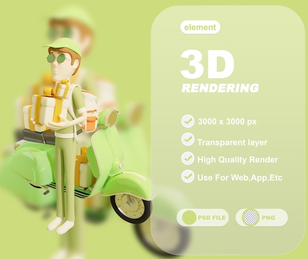 correio uniforme verde usando boné andando de scooter e entregando caixa de pacote 3d render ilustração Prem