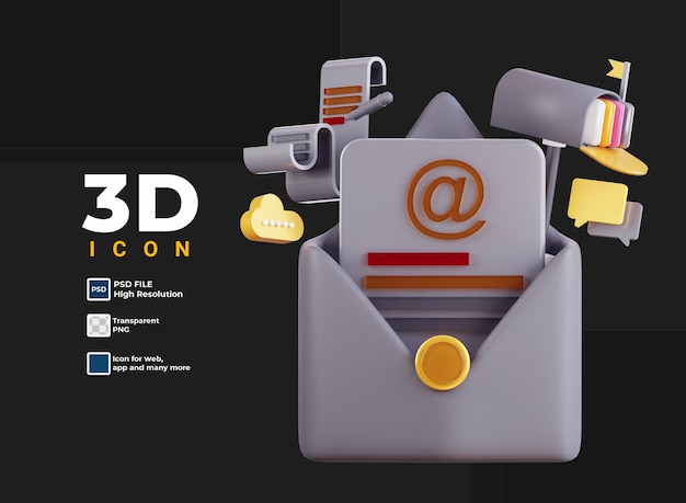 Correo electrónico 3D que contiene el icono de documentos web e Internet