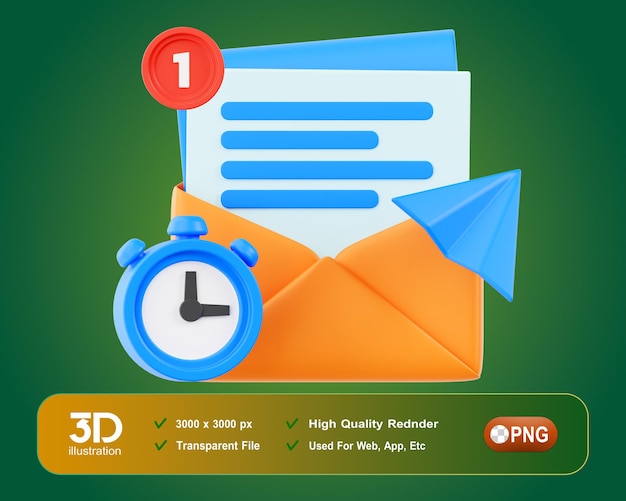 PSD correo electrónico ilustración 3d gestión del tiempo 3d