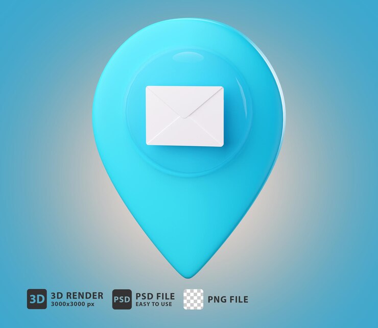 PSD correo electrónico de ilustración 3d con ubicación de pin